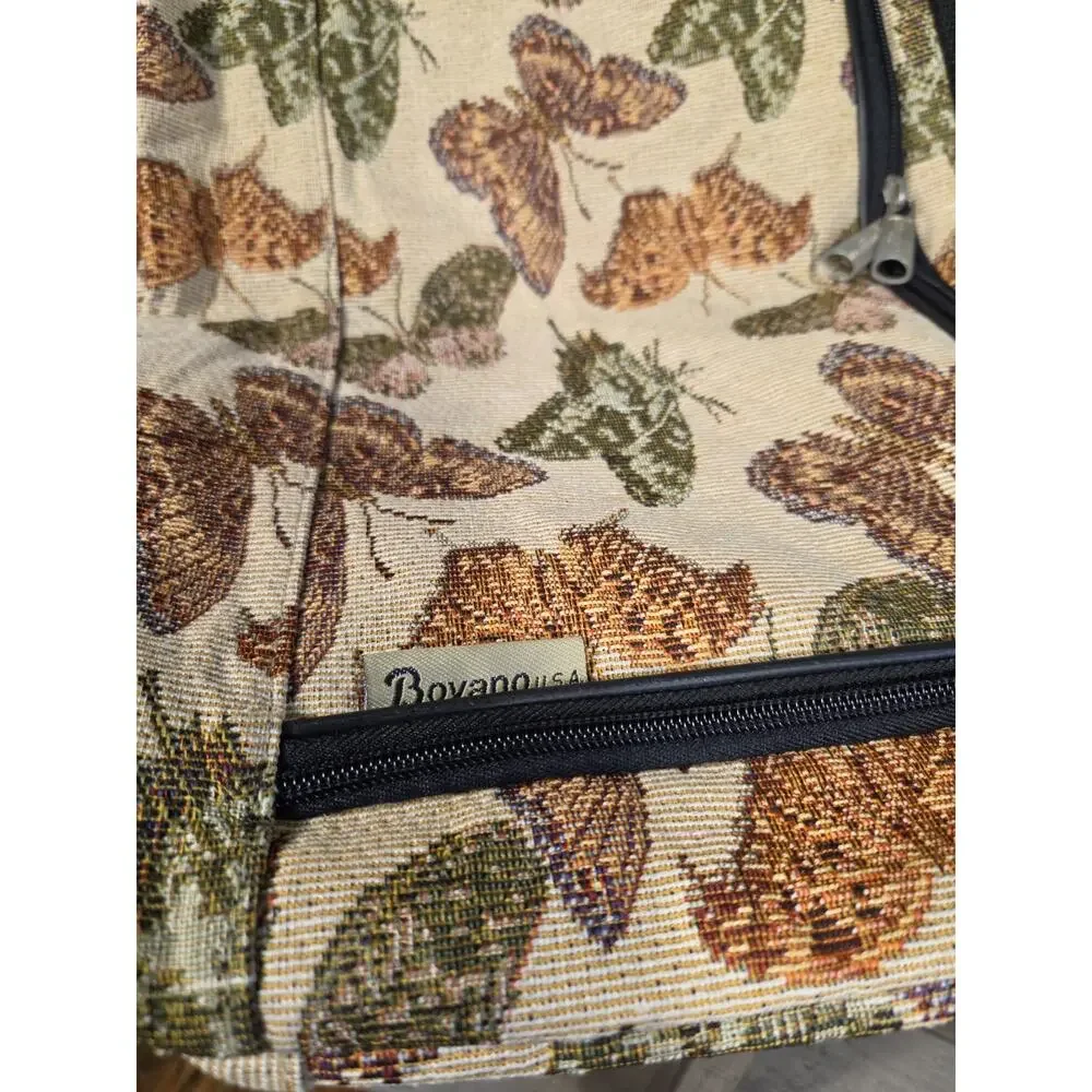 Vintage Bovano USA Butterfly Tapestry Tote Bag Zip Top Front Pocket Made in USA